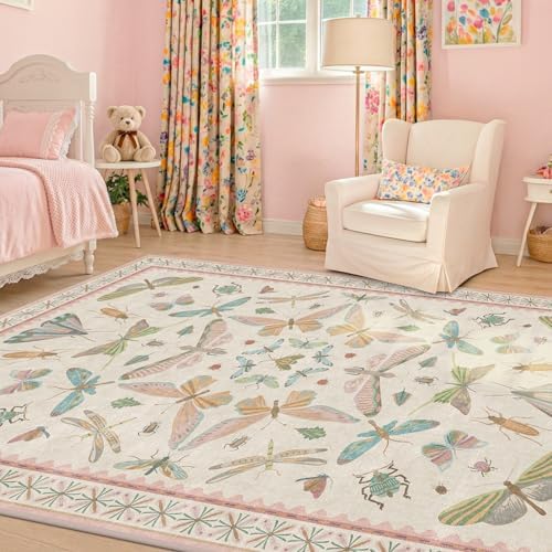 Hazo Haus Washable 5x8 Light Pink Rug for Bedroom - Pink Boho Girl Nursery Rug, Living Room, Nature Insect Bug Print Home Decor by HazoHaus