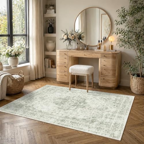 4x6 Washable Bedroom Area Rug Non-Slip Medallion Green Throw Carpet - Image 4