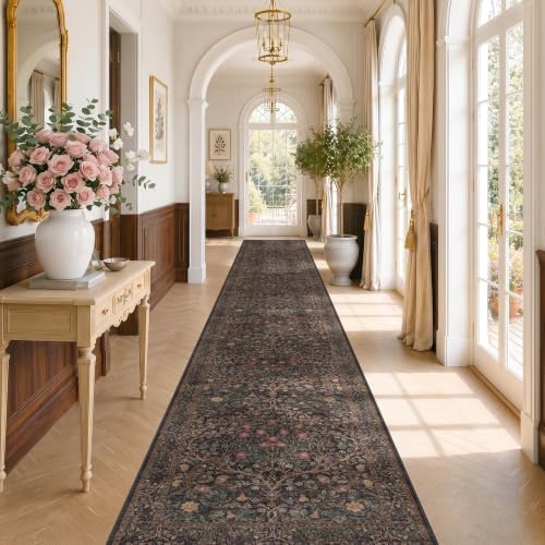 Washable 3x20 Extra Long Runner Rug for Hallway, Entryway Indoor Floor Rugs, Large Kitchen, Soft Stain Resistant Low Pile Vintage Dark Brown Floral Carpet by HazoHaus
