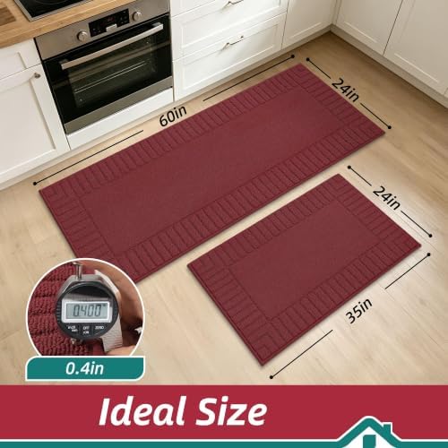 BEQHAUSE Kitchen Rugs Non Slip Washable 2PCS, 24"x35"+24"x60", Burgundy Red - Image 2
