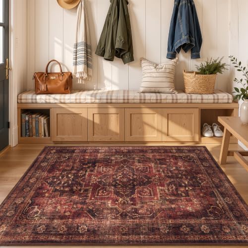 Washable Area Rug 4'x5' Living Room, Vintage Medallion, Dark Red by Jainmy
