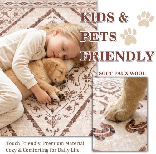 5x7Ft Boho Washable Area Rugs for Living Room, Light Brown Thin Bedroom Rugs Non Slip, Moroccan Soft Kids Nusery Area Floor Carpets for Dining Room Playroom Kitchen Farmhouse Decor - Image 2