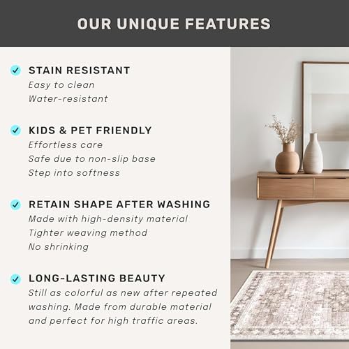Washable Boho 6x8 Area Rug for Living Room - Vintage Beige Dining Room Rug Under the Table, Low Pile Non-Slip Rugs for Bedroom, Office - Charming Geometric Decor & Stain Resistance (6x8 Beige/Latte) - Image 5