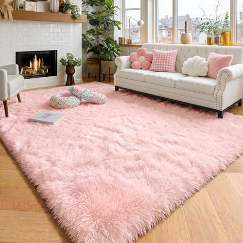 Amdrebio Pink Shag Plush Area Rug 6x9 for Girls Bedroom Nursery Classroom by Amdrebio