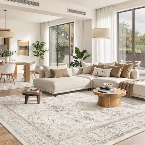 Madane 8x10 Area Rugs for Living Room, Washable Neutral Rug Brown/Ivory by Madane