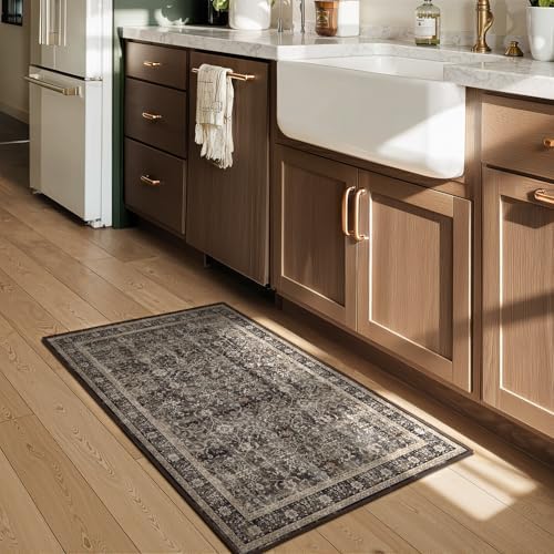 Washable Small Door Rug 2'x3', Vintage MCM, Black/Brown/Beige - Image 4