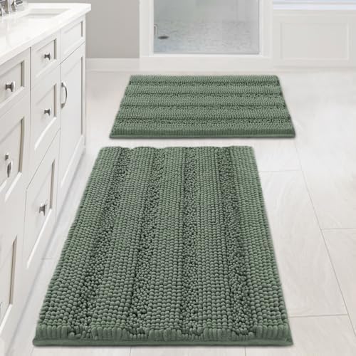 H.VERSAILTEX Bath Mat Set, 2 Piece Bath Mats Non Slip Thick Soft Chenille Striped Bath Rug Set, Bath Mats for Bathroom Sets (Green Bay, 20" x 32"/17" x 24") by HVERSAILTEX