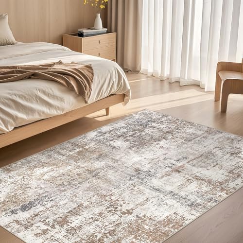 UERMEI 4x6 Area Rug Living Room Rugs - Washable Neutral Modern Abstract Soft Thin Rug Indoor Floor No Slip Rug Carpet for Bedroom Under Dining Table Home Office Decor - Brown/Grey/Red - Image 4