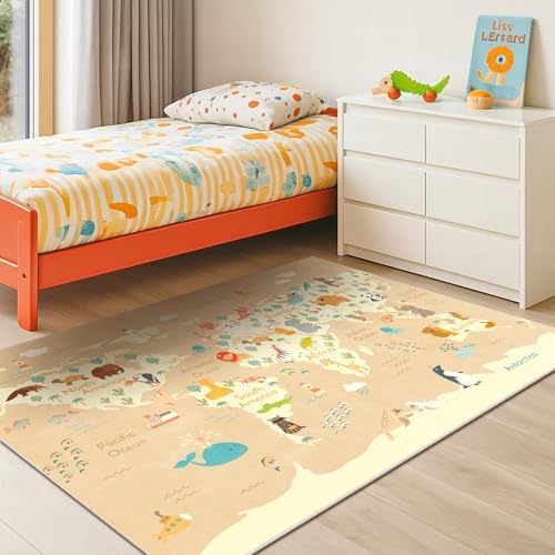 Kids Bedroom Rug with World Map & Animals – 4x6 Educational Washable Area Rug for Playroom, Cute Global Animal, Featuring Continents & Native Wildlife Carpet for Dorm or Classroom - Soft Beige by HazoHaus