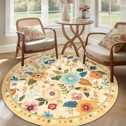 RELEANY Floral Washable Round 8ft Area Rug Yellow/Orange - Image 6