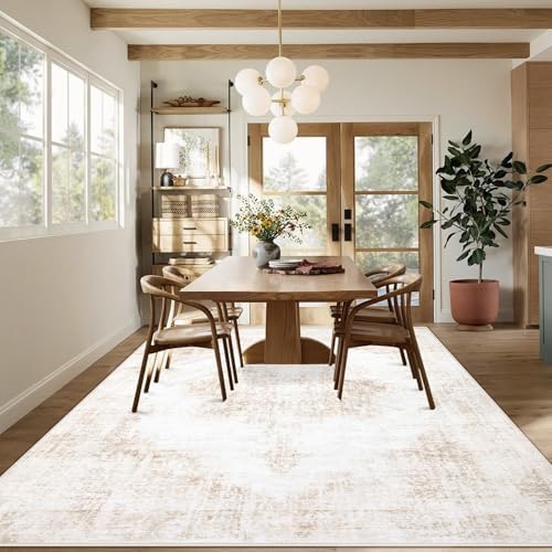 Area Rug 10x14 Vintage Rugs: Large Washable Living Room Rug Retro Medallion Distressed Soft Low Pile Non-Slip Rugs Indoor Floor Carpet for Bedroom Nursery Dining Table Office (Beige,10'x14') - Image 4