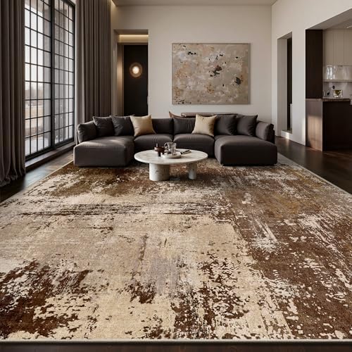 10x14 Area Rugs - Modern Abstract Washable Rug, Ultra Soft Non Slip Low Pile Large Brown Rugs for Living Room, Floor Carpet for Bedroom Dining Room Office Laundry Nursery Home by Yarooge