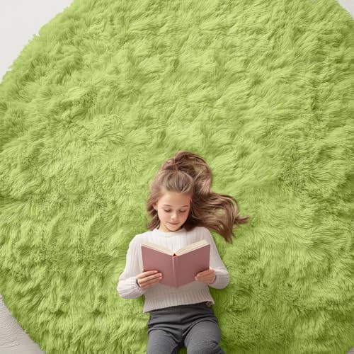 OLANLY Grass Green Round Rugs for Bedroom - Machine Washable, 8 ft Circle Area Rugs for Living Room, Soft and Fluffy Shaggy Carpet for Teen Girls and Boys, Nursery Rooms, Dorms, Home Decor Aesthetic by OLANLY