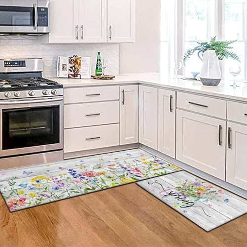 Spring Kitchen Rug Set of 2,Non-Slip Washable Kitchen Mats,Wood Grain Floral Kitchen Mats,Spring and Summer Holiday Decorations for Home Kitchen,17x30+17x47 Inch - Image 4