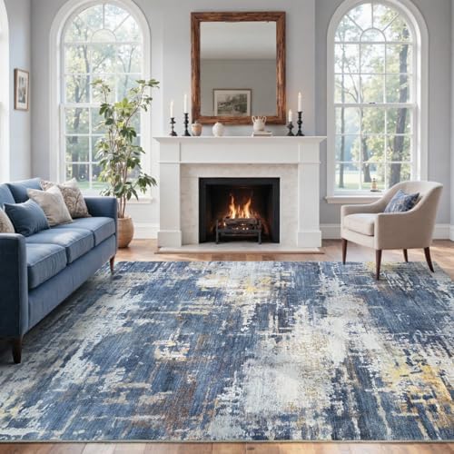6x9 Ft Abstract Washable Area Rugs for Living Room Gold Blue - Image 3