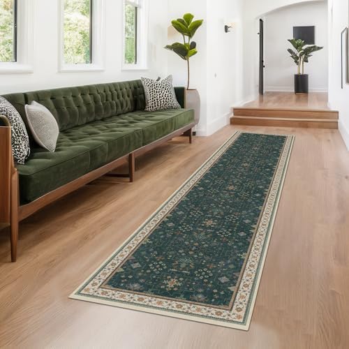 Hazo Haus Vintage Dark Green 2x10 Hallway Runner Rug - Modern Boho Eclectic Floral Pastel, Washable Low Pile Non-Slip Extra Long Runner Rugs for Kitchen, Bedroom - Image 3