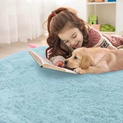OLANLY Light Blue Round Rugs for Bedroom - Machine Washable, 3 ft Circle Area Rugs for Living Room, Soft and Fluffy Shaggy Carpet for Teen Girl and Boys, Nursery Rooms, Dorms, Home Decor Aesthetic - Image 5