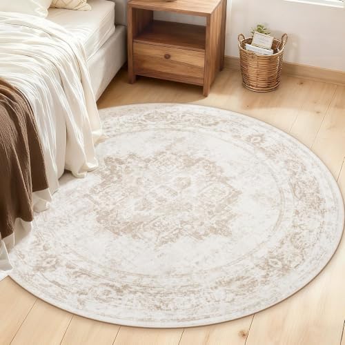 Round Rug 4ft Vintage Rugs: Small Washable Circle Rug Distressed Non Slip Circular Carpet for Living Room Bedroom Kitchen Home(Beige, 4' Round) - Image 4