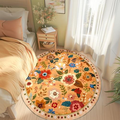 RELEANY Floral Washable Round 4ft Area Rug Orange/Yellow/Red - Image 2