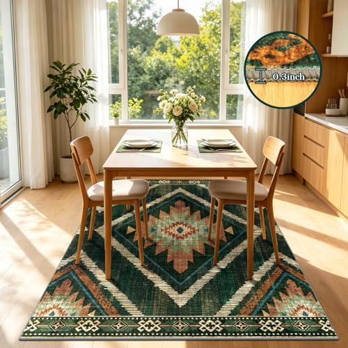 4x6Ft Boho Area Rugs Non Slip, Green Washable Rug for Living Room, Soft Bedroom Carpet, Low Pile Moroccan Entryway Area Floor Carpets for Dining Room Kids Nursery Farmhouse - Image 3