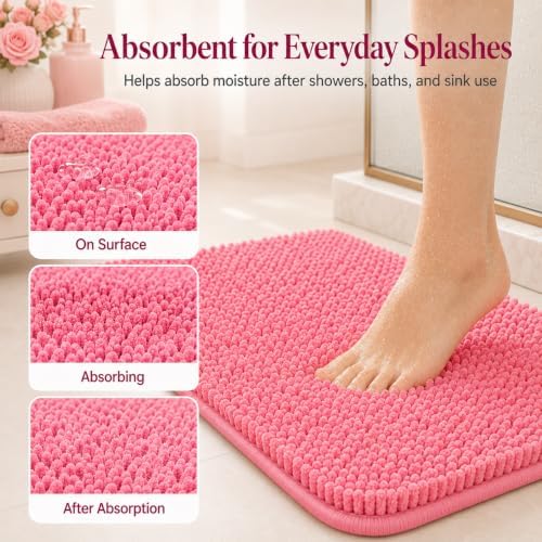 Bathroom Rugs Chenille Bath Mat Set 3-Piece Bath Rugs for Bathoom Extra Soft Bath Mats for Bathoom Non Slip Absorbent Shag Bthroom Carpet, Machine Washable, Toilet Rug Pink - Image 5