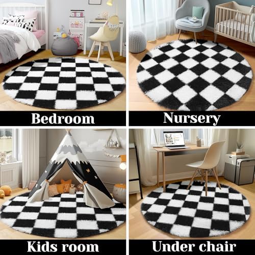 KICMOR Round Rugs 7ft Black and White Circle Area Rug, Fluffy Soft Large Fuzzy Shag Shaggy Bedroom Living Room Carpet, Indoor Checkered Circular Rug for Kids Boys Girls Home Decor Aesthetic, Nursery - Image 5