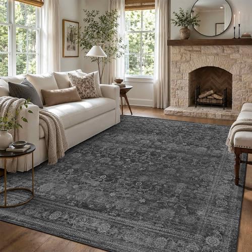 4x6 Washable Boho Area Rug, Non-Slip Black Bedroom Carpet by LULLOSA
