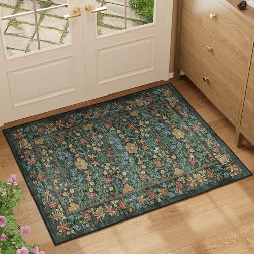 DUKINO 2x3 Entryway Rug, Washable Vintage Floral Area Rug, Green - Image 3