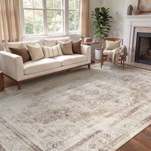 Neutral Oatmeal Living Room Rug 6x9, Washable Non Slip Rug for Dining Room, Low Pile Thin Modern Farmhouse Carpet Rugs for Den Bedrom Home Office, Vintage Distressed Medallion by Jainmy