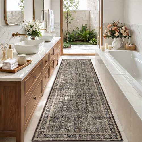 Washable Hallway Runner Rug 3'x8', Vintage MCM, Black/Brown/Beige - Image 4