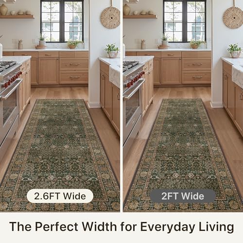 Bavni 2'6" x 8' Kitchen Runner Rug, Washable Non Slip, Dark Green Brown - Image 3