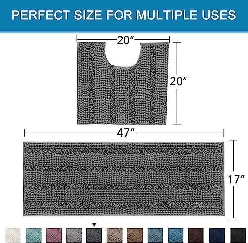 H.VERSAILTEX Bathroom Rugs Bath Rug Set 2 Piece Bathroom Contour Rug Toilet Mat Sets Non Slip Contour Bath Rug Ultra Thick Water Absorbent Striped Bath Mats Washable(47" x 17" Plus 20" x 20" U, Grey) - Image 2