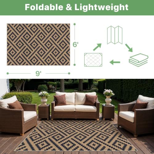 GENIMO Outdoor Rug, Waterproof Plastic Rugs for Patio, 6'x9' Black Cocoa - Image 2
