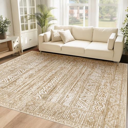 6x9 Area Rugs for Living Room: Washable Moroccan Geometric Boho Rug Farmhouse Non Slip Stain Resistant Large Rug Low Pile Soft Carpet for Bedroom Dining Room Home Office Kids Room (Light Brown,6'x9') by VECARF