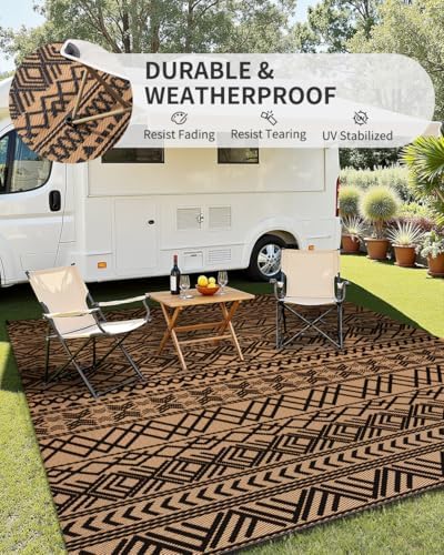 MontVoo-Outdoor Rug Carpet Waterproof 5x8 ft Reversible Patio Rug RV Camping Rugs Plastic Straw Outside Indoor Outdoor Area Rugs for Patio Deck Balcony Picnic Beach Outdoor Decor Boho Black Brown - Image 3