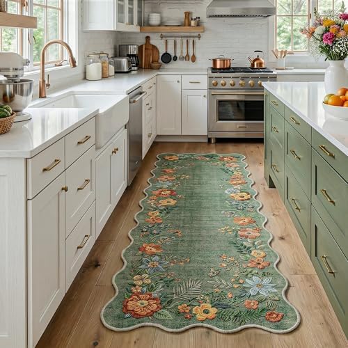 FMFUNCTEX 2x6 Hallway Runner Rug Washable Sage Green Floral Scalloped Boho - Image 2