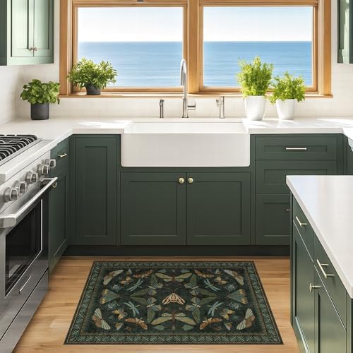 Washable 2x4 Rug Runner, Small Runners for Entryway Indoor, Kitchen, Bathroom, Dark Green Insect Boho Design, Non Slip Stain Resistant - Image 6
