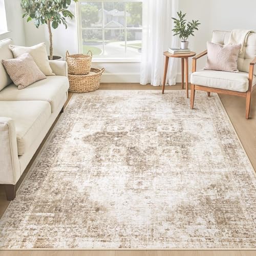 Area Rug 4x6 Washable Rug, Vintage Boho Medallion Rugs Non-Slip Soft Low Pile Distressed Rug Indoor Retro Carpet for Living Room Bedroom Dining Room Home Office (Brown, 4'x6') by VECARF