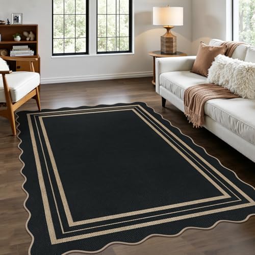 Modern Easy Jute 4x6 Outdoor Patio Rug, Washable Indoor Black Kitchen Rugs Farmhouse Neutral Non Slip Area Rug for Living Room Backyard Bedroom by LORWER