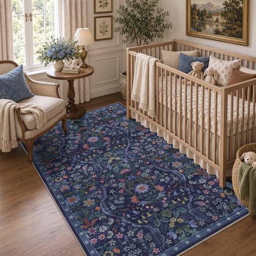 3x5 Throw Rug Floral Print Blue Rug Soft Low Pile for Entryway - Image 4