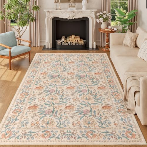 DUKINO 5x8 Area Rug, Vintage Floral Washable Rugs for Living Room, Beige by DUKINO