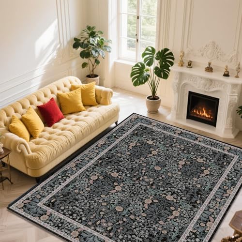 9x12 Washable Area Rugs for Living Room Soft Carpet (Black Flora) by Unknown