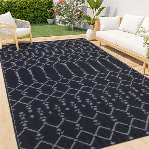 Smiry Outdoor Rug 8x10 ft Waterproof Reversible Boho Mat, Dark Grey by Smiry