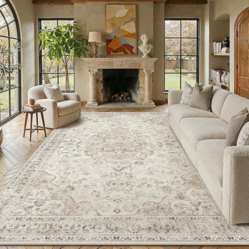 PureCozy Beige Area Rug 6x9 Living Room Vintage Floral Non-Slip Carpet by PureCozy