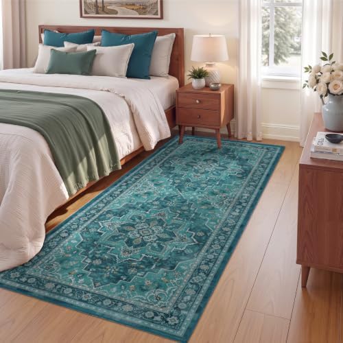 Washable Hallway Runner Rug 3'x6', Vintage Medallion, Boho Teal - Image 3