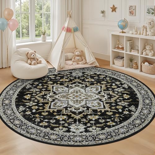 Round Area Rug for Living Room: 4ft Boho Washable Rug Black Gold - Image 5