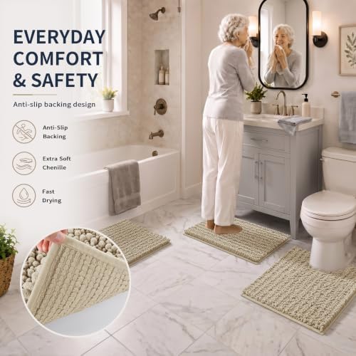 Yimobra Bathroom Rug Set 3 Piece, Super Water Absorbent Bath Mat Set, Camel - Image 5