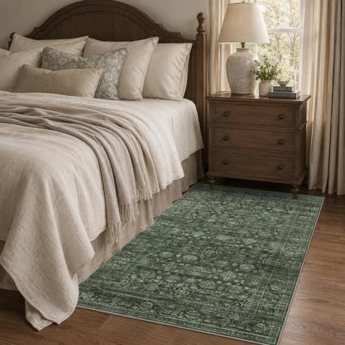 JOOJA 4x6 Dark Olive Green Vintage Boho Washable Indoor Soft Area Rug by JOOJA