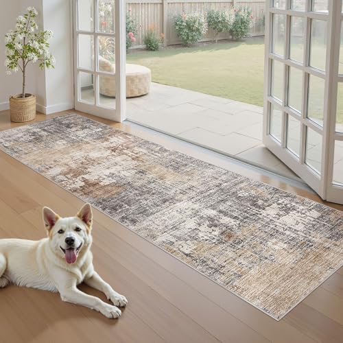 DMOYEST Washable Runner Rug for Hallway: 2x6 Neutral Modern Abstract Low Pile Area Rug with Non-Slip Backing - Carpet for Bedroom Kitchen Laundry Entryway Bathroom Indoor - Grey Brown - Image 3