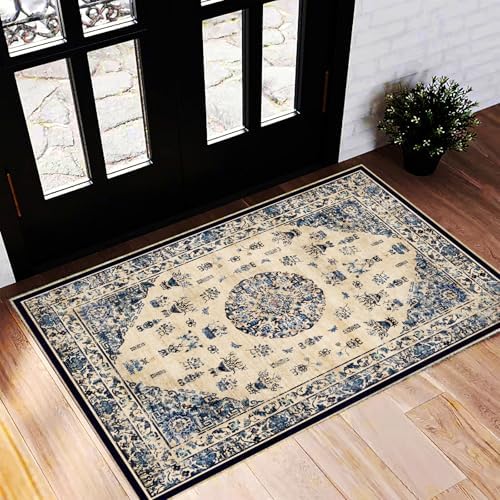 CHAMPLANT Washable Area Rug 2'x3' Door Mat Vintage Distressed Doormat Indoor Entrance Traditional Thin Rug Floral Print Non Slip Carpet for Kitchen Bathroom Bedroom Living Room by CHAMPLANT